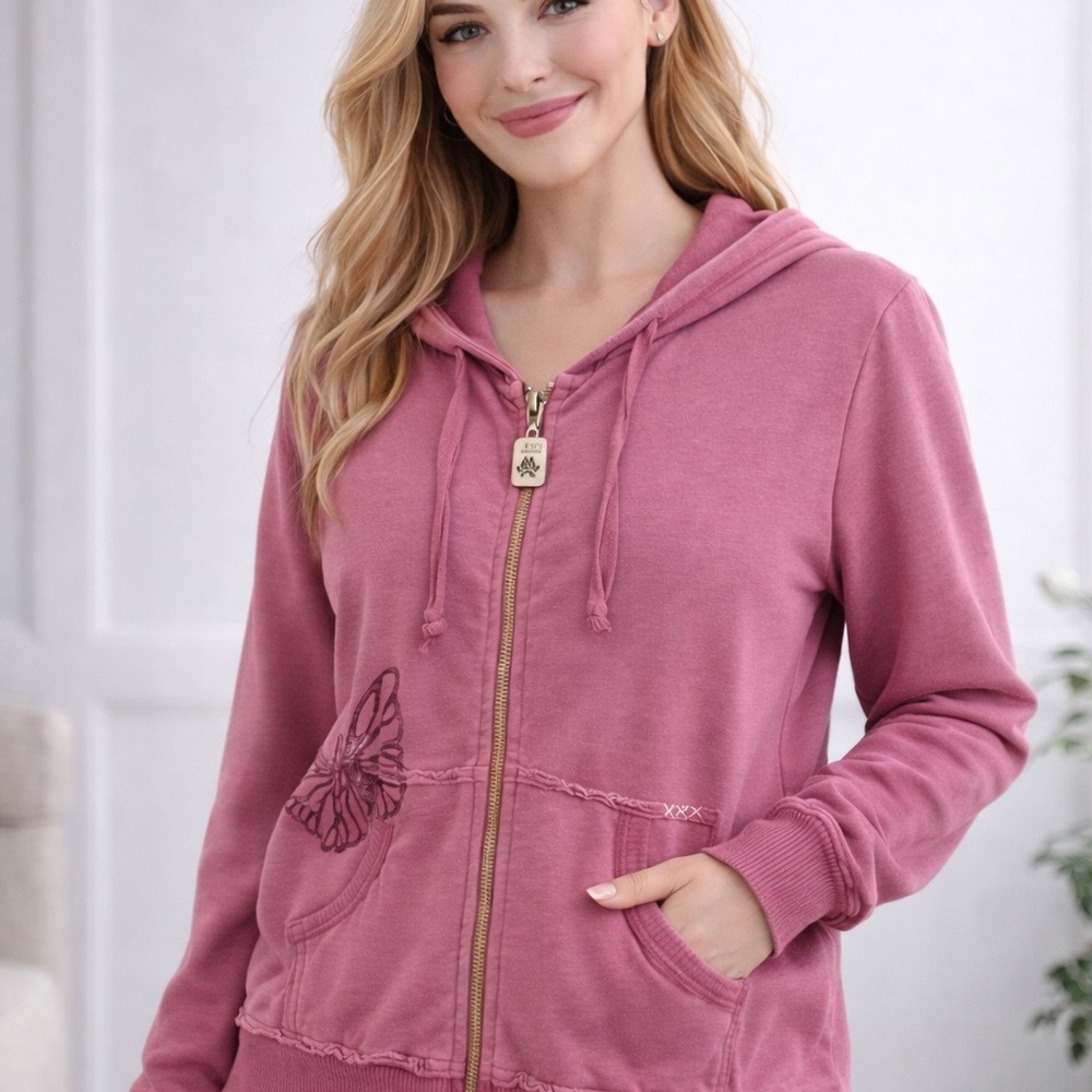 Pink Lotus Zip-Up Hoodie Butterfly Rhinestone Detail | Mauve | XL